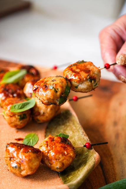 Sticky Soy Glazed Chicken Meatball Skewers