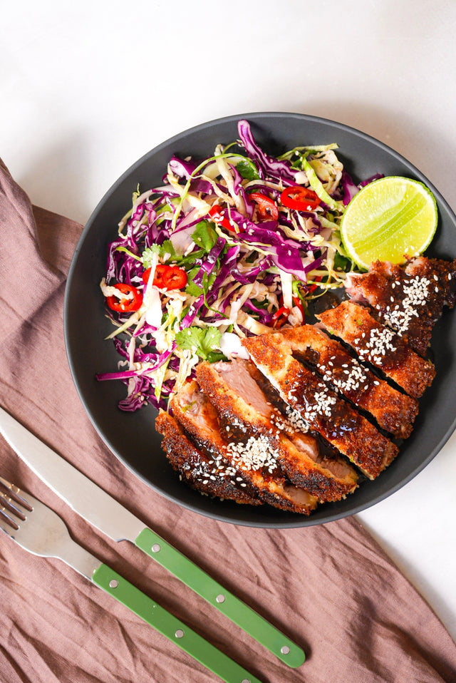 Sesame Crumbed Pork Cutlets with Tonkatsu Sauce and Shredded Cabbage Salad