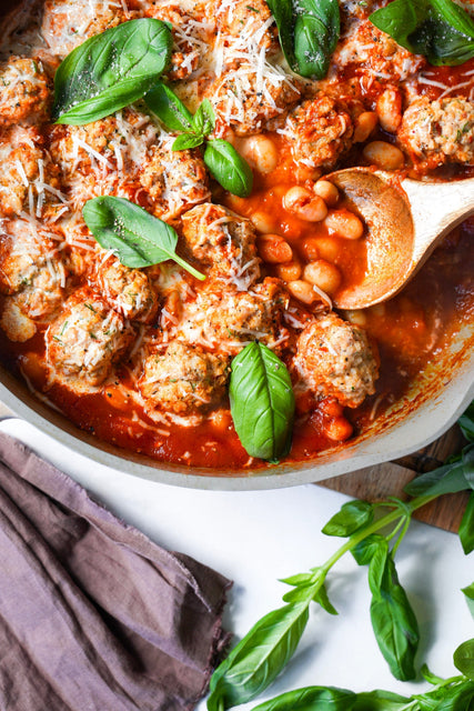 Sausage & Ricotta Balls with Creamy Tomato Beans