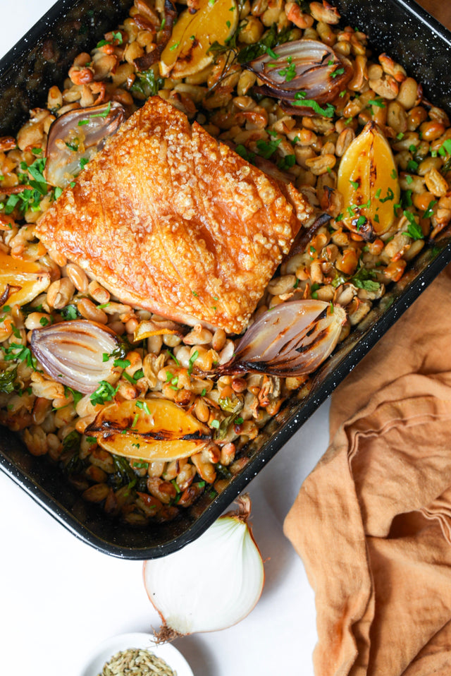 Crispy Pork Belly with Braised Beans