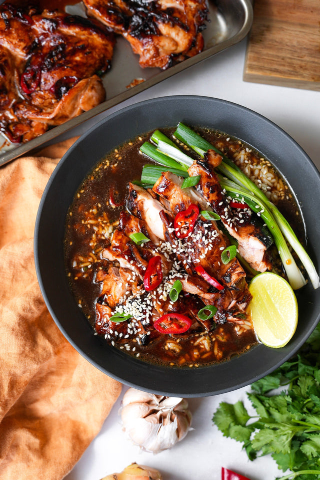 Soy Caramelised Chicken Thigh with Ginger Chilli Broth & Rice