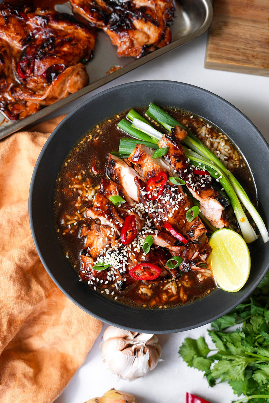 Soy Caramelised Chicken Thigh with Ginger Chilli Broth & Rice