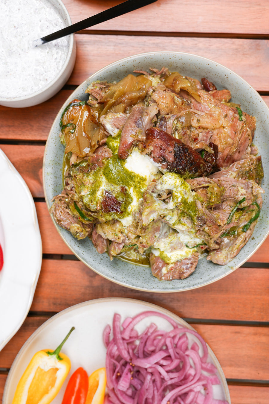 Slow Cooked Pulled Lamb with Chimichurri & Green Sauce