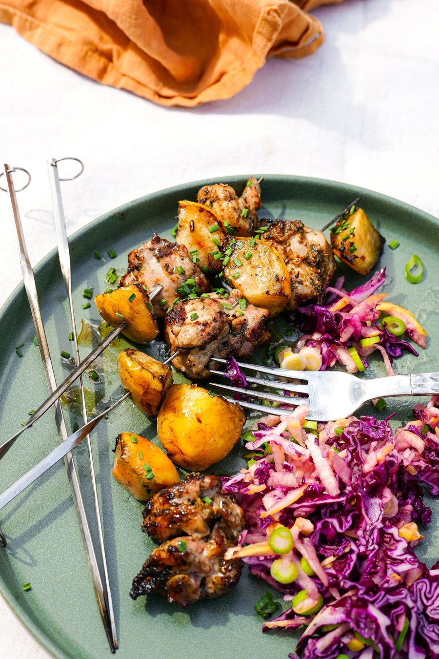 Sticky Apple & Chicken Skewers with Crisp Slaw