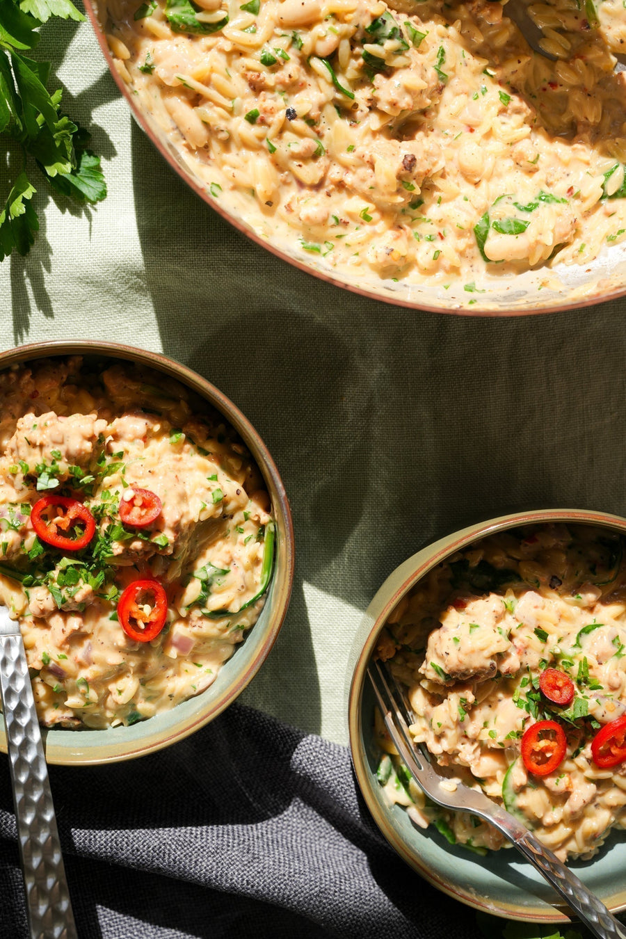 Creamy Sausage Orzo with Chilli, Ale & Parmesan