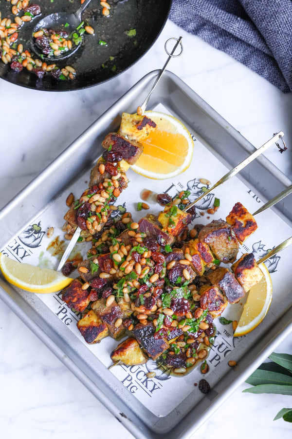 Lamb & Halloumi Skewers with Pine Nut & Raisin Butter