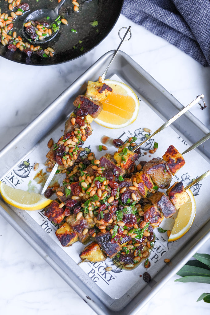 Lamb & Halloumi Skewers with Pine Nut & Raisin Butter