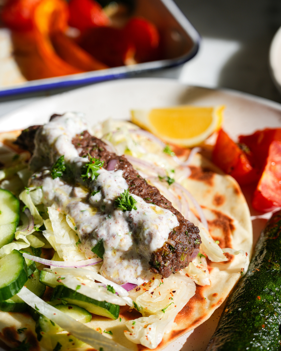 One-Tray Lamb Koftas with Roasted Veg & Tzatziki