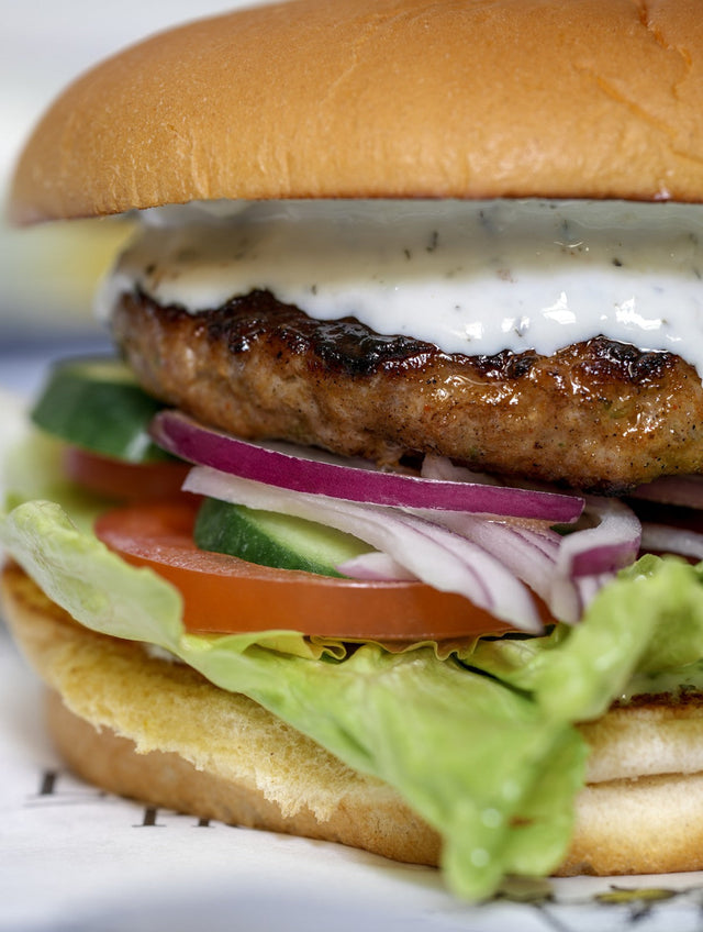 Lamb Souvlaki Burgers with Tzatziki and Feta