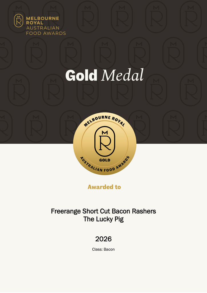Melbourne Royal 2026 gold medal certificate for The Lucky Pig’s bacon
