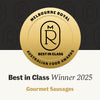 Melbourne Royal Australian Food Awards Best in Class Winner 2025 gold medal badge for Gourmet Sausages.