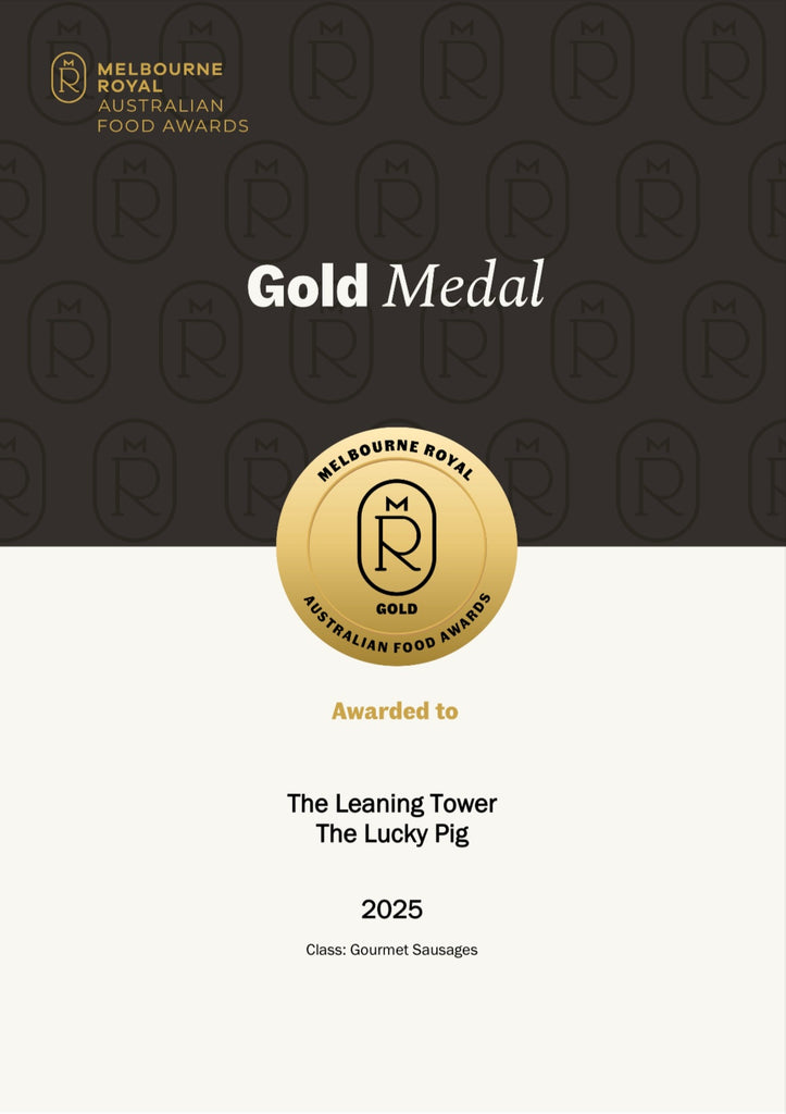 Gold Medal award for 'The Leaning Tower' and 'The Lucky Pig' from Melbourne Royal Australian Food Awards in 2025.