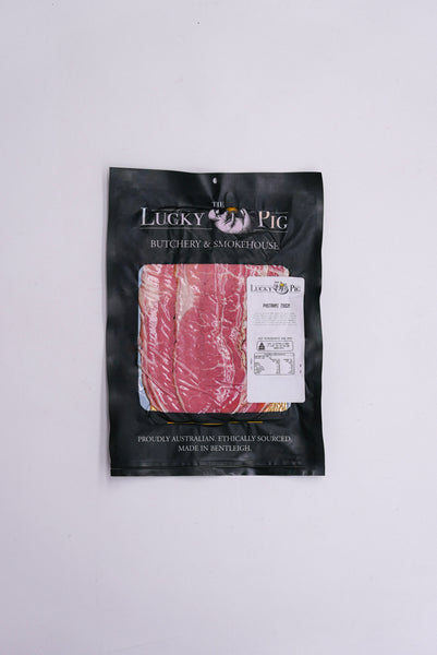 The Lucky Pig house-made sliced beef pastrami, 200 g