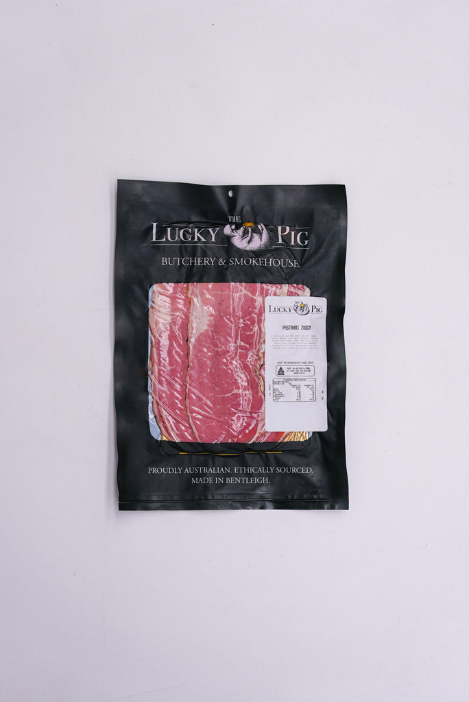 The Lucky Pig house-made sliced beef pastrami, 200 g
