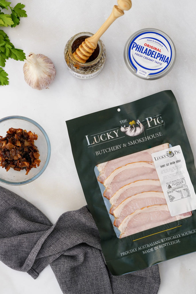 The Lucky Pig 200 g short cut bacon pack with cream cheese, caramelised onion and dip ingredients