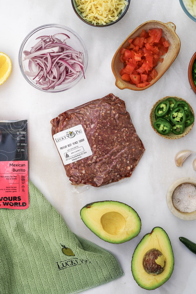 The Lucky Pig 500 g premium beef mince pack with avocado, tomato, cheese and nacho ingredients